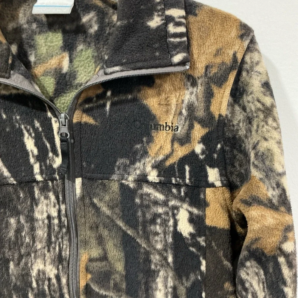 Columbia Camo Fleece Hunting Jacket Youth 14/16 Full Zip Black Logo Pockets Coat